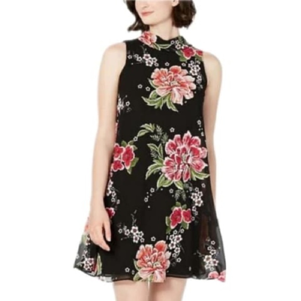 Robbie Bee Plus Sz 18 Black Floral Dress; Red Pink Peony Print Over Sheer Fabric